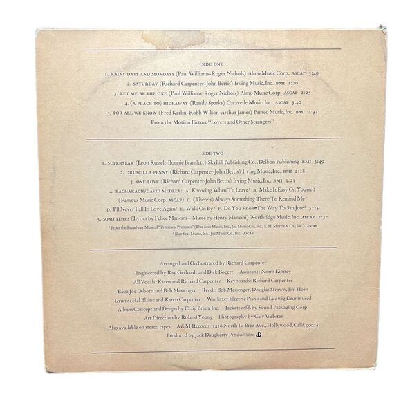 Carpenters Vinyl Record Envelope Cover A&M Records Vintage Music 70s - Picture 3 of 10